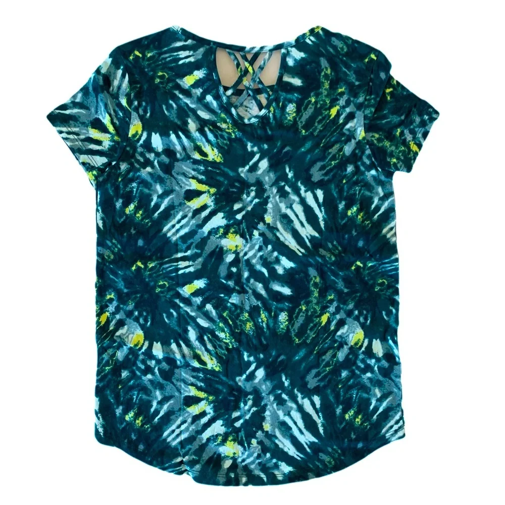 NWT Lattice-back scoop-neck top. Teal Tie Dye. L